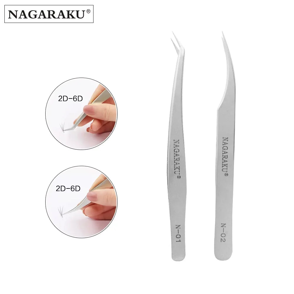 NAGARAKU Eyelashes Maquiagem Professional Eyelash Extension Tweezers 2PCS Stainless Steel Volume Accurate Bloom Eyelash Tweezers