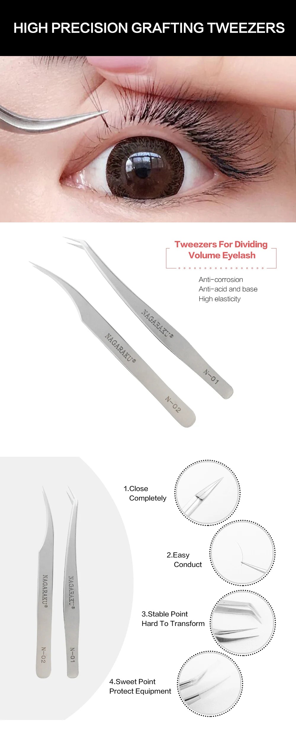 NAGARAKU Eyelashes Maquiagem Professional Eyelash Extension Tweezers 2PCS Stainless Steel Volume Accurate Bloom Eyelash Tweezers