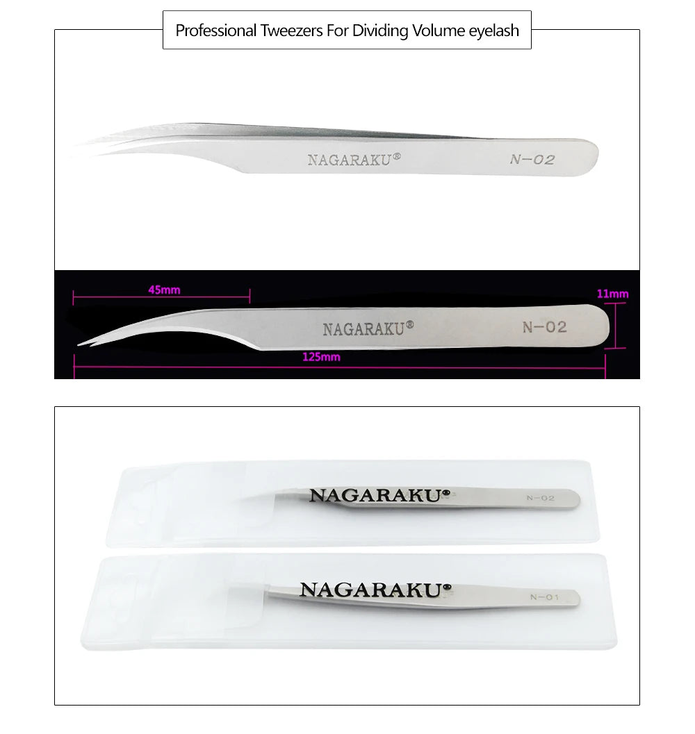 NAGARAKU Eyelashes Maquiagem Professional Eyelash Extension Tweezers 2PCS Stainless Steel Volume Accurate Bloom Eyelash Tweezers