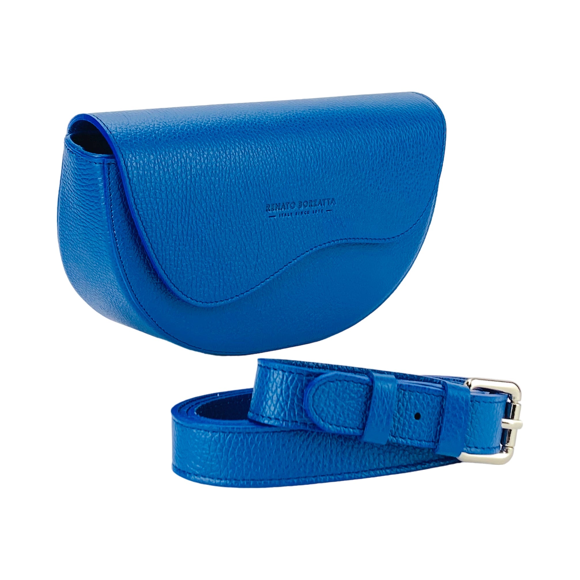 RB1027CH | Women's Rounded Bandolier Bag in Genuine Leather Made in Italy. Removable and adjustable leather shoulder strap. Polished Nickel hardware - Royal Blue color - Dimensions: 25 x 15 x 9 cm.