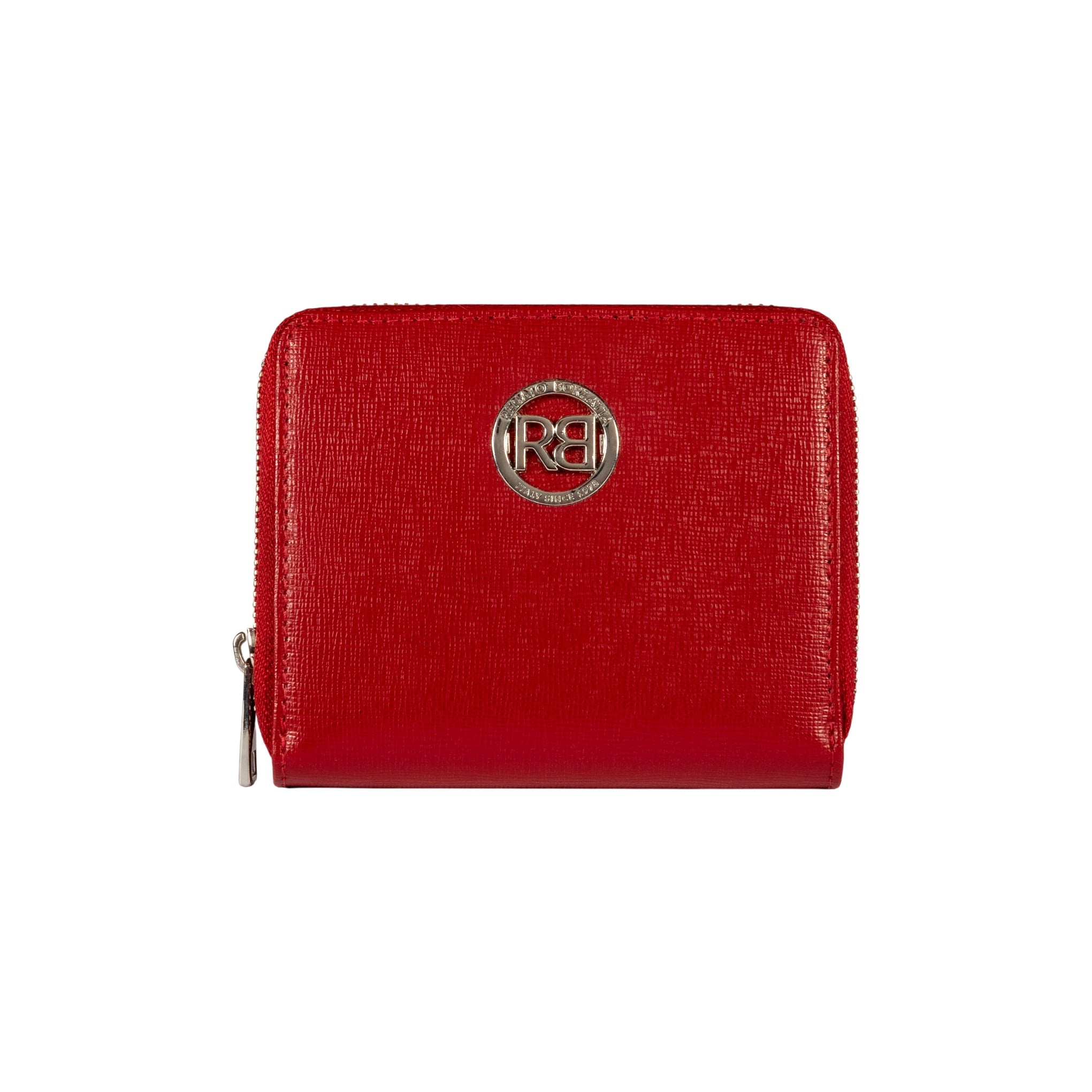 RB1086V | Women's Zip Around Wallet Made in Italy in Genuine Saffiano Leather. Polished Silver Metal Hardware. Color: Red. Dimensions (closed): 10 x 12 x 2 cm