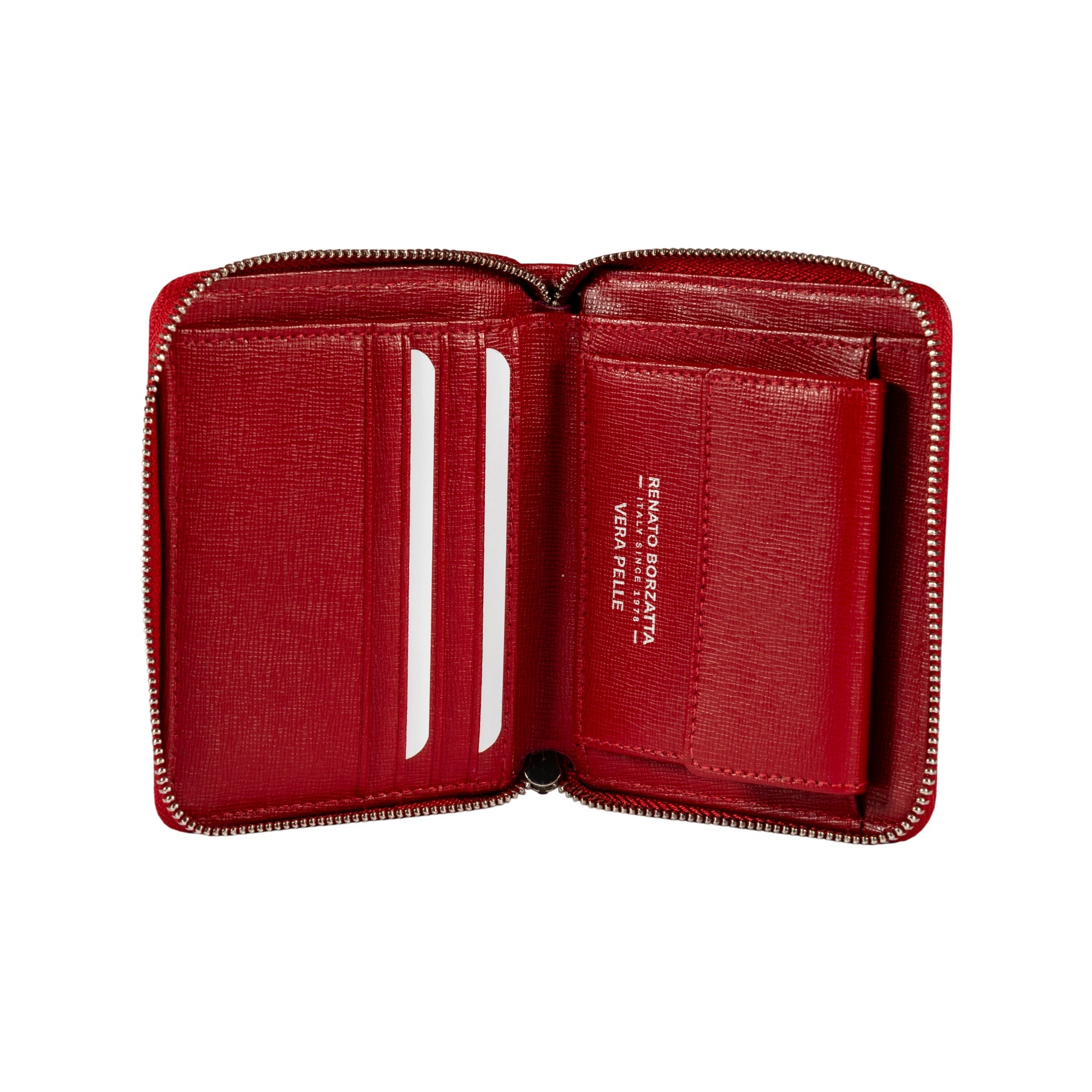 RB1086V | Women's Zip Around Wallet Made in Italy in Genuine Saffiano Leather. Polished Silver Metal Hardware. Color: Red. Dimensions (closed): 10 x 12 x 2 cm